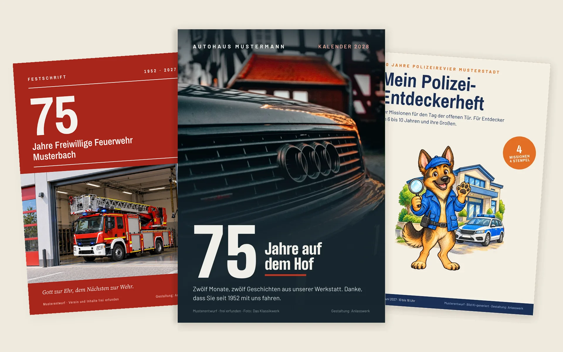 Drei Titel nebeneinander: Festschrift 75 Jahre Freiwillige Feuerwehr Musterbach, Kalender 2028 des Autohauses Mustermann und das Polizei-Entdeckerheft mit Kommissar Bruno