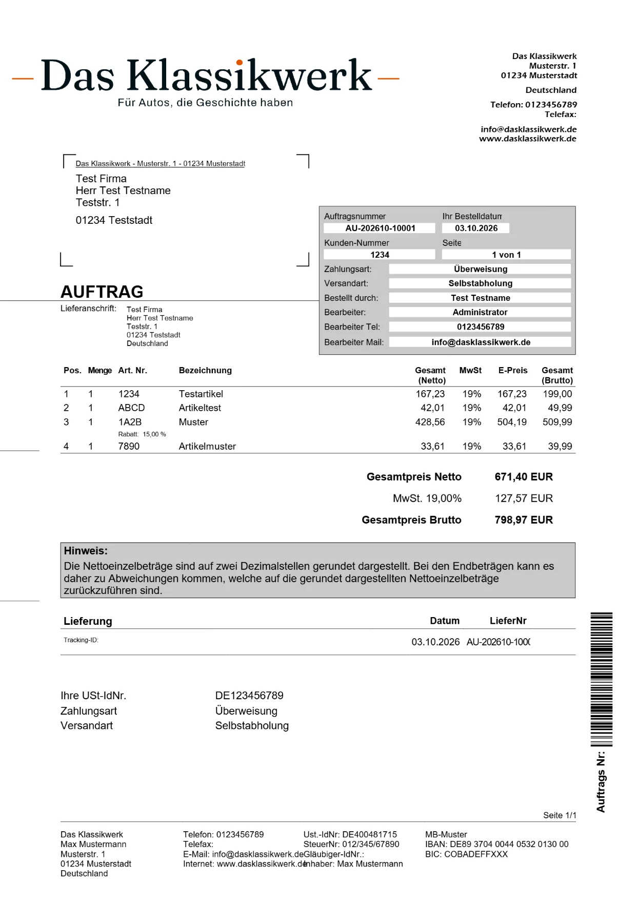 Auftragsbestätigung in der früheren Vorlage: JTL-Aufbau mit Klassikwerk-Logo, grauer Infokasten, Barcodes am Rand