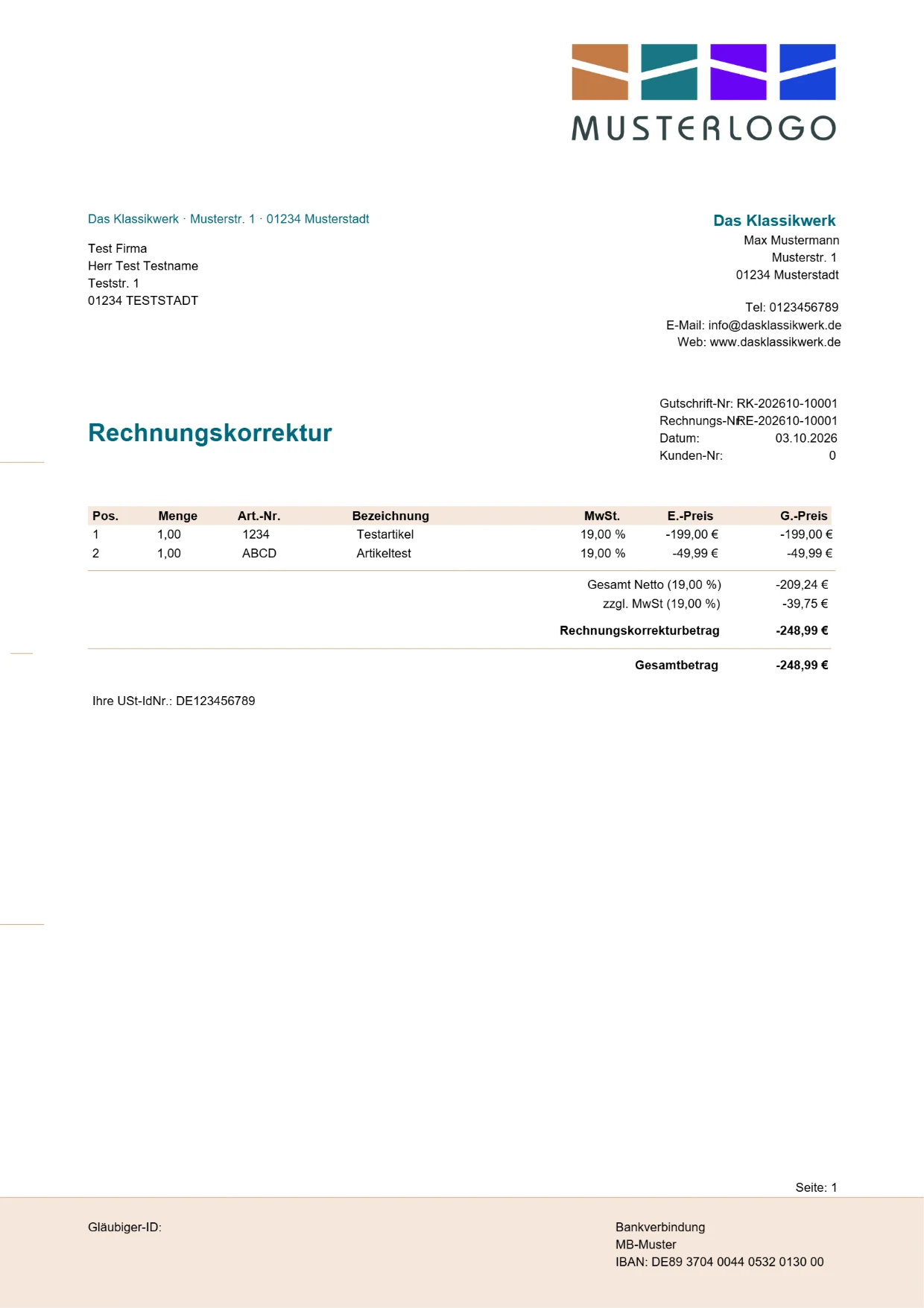 Rechnungskorrektur in der JTL-Standardvorlage: schwarze Schrift auf Weiß, zwei Summenzeilen