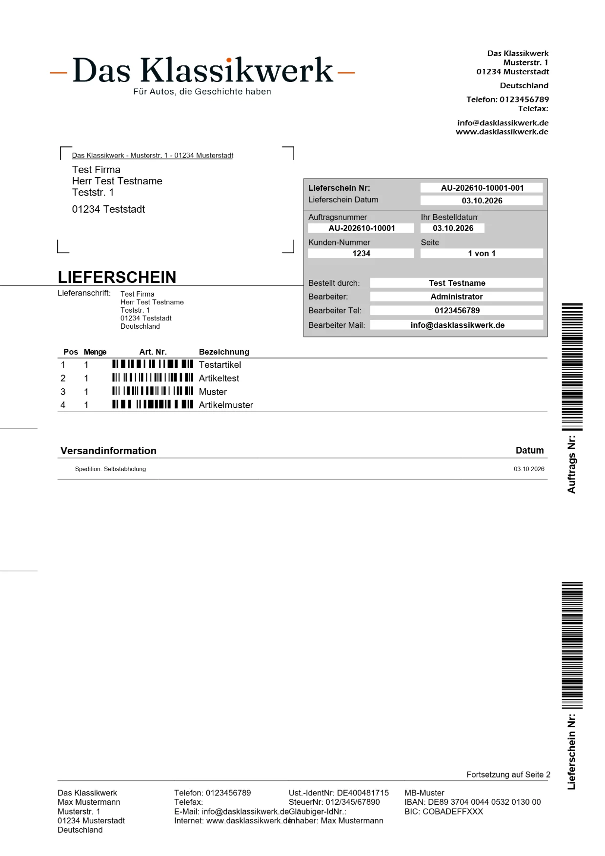 Lieferschein in der früheren Vorlage: JTL-Aufbau mit Klassikwerk-Logo, Barcodes statt Artikelnummern