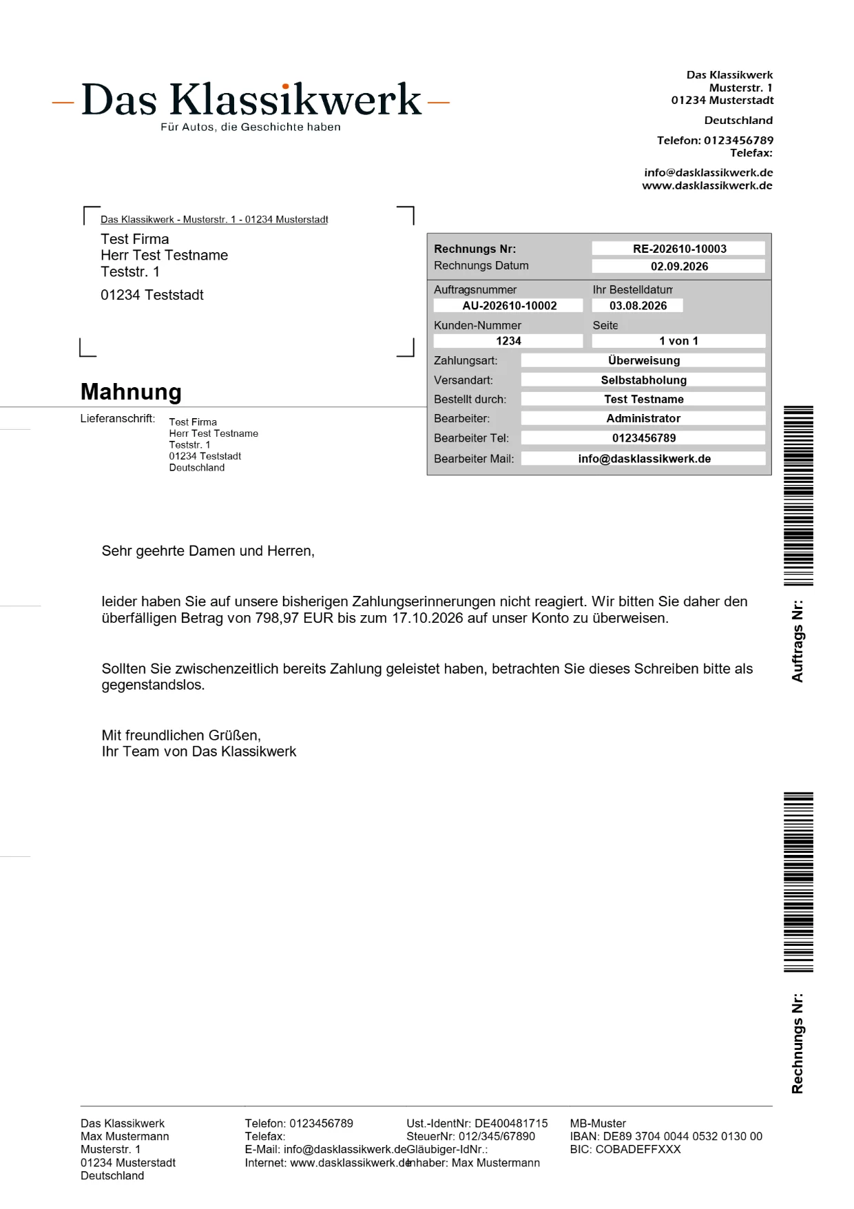 Mahnung in der früheren Vorlage: JTL-Aufbau mit Klassikwerk-Logo, Bearbeiter- und Bestelldaten im Infokasten, Barcodes am Rand