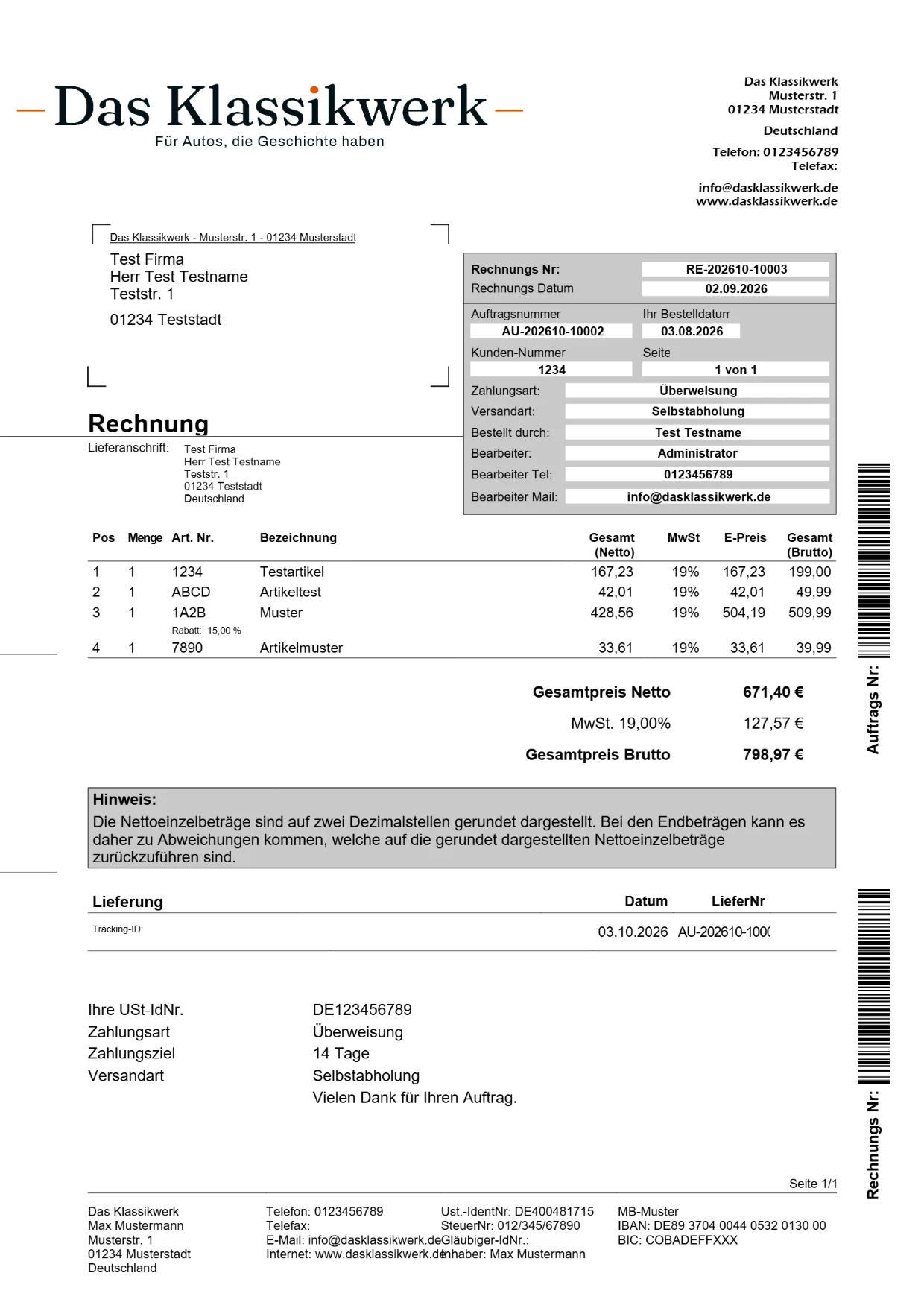 Rechnung in der früheren Vorlage: JTL-Aufbau mit Klassikwerk-Logo, grauer Infokasten, grauer Rundungshinweis, Barcodes am Rand
