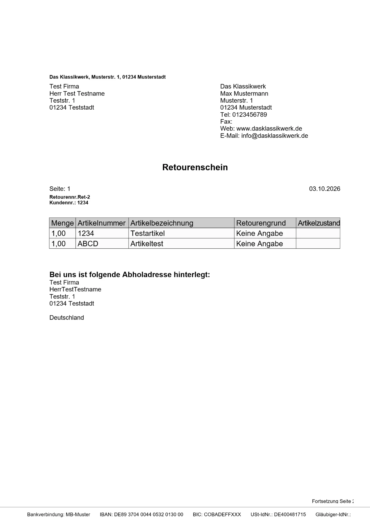 Retourenschein in der JTL-Standardvorlage: schwarze Schrift auf Weiß, ohne Logo