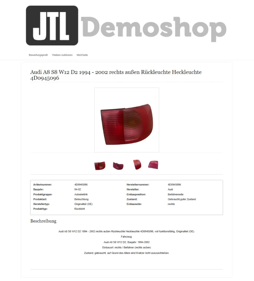 eBay-Angebot in der JTL-Standardvorlage: schlichte Tabelle mit Artikeldaten, ohne Markenelemente