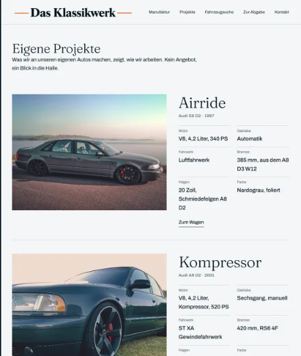 Innenseite von dasklassikwerk.de: die Übersicht „Eigene Projekte“